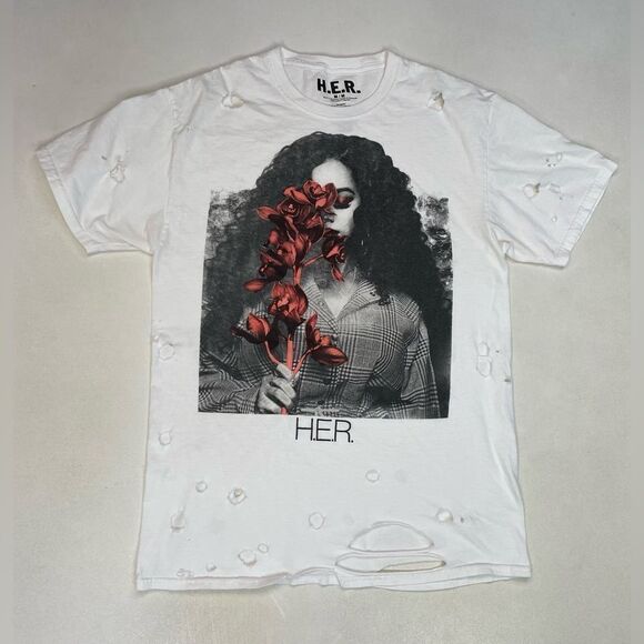 H.E.R. Graphic T-shirt Women Medium White Distressed Short Sleeve Music - Picture 1 of 5